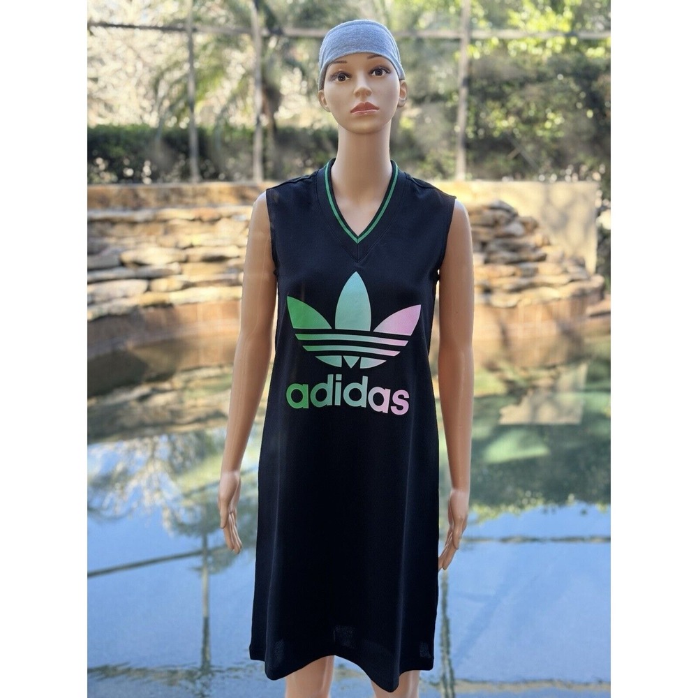 adidas Women's V-Neck Trefoil Tank Dress, Black, Size S, Knee Length